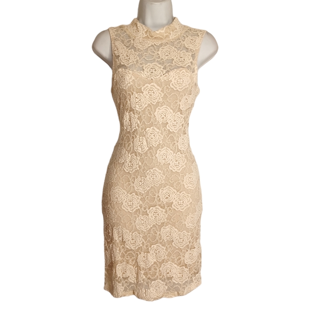 FOREIGN EXCHANGE Cream Lace Nude Lining Sleeveless Keyhole Back Midi Dress M